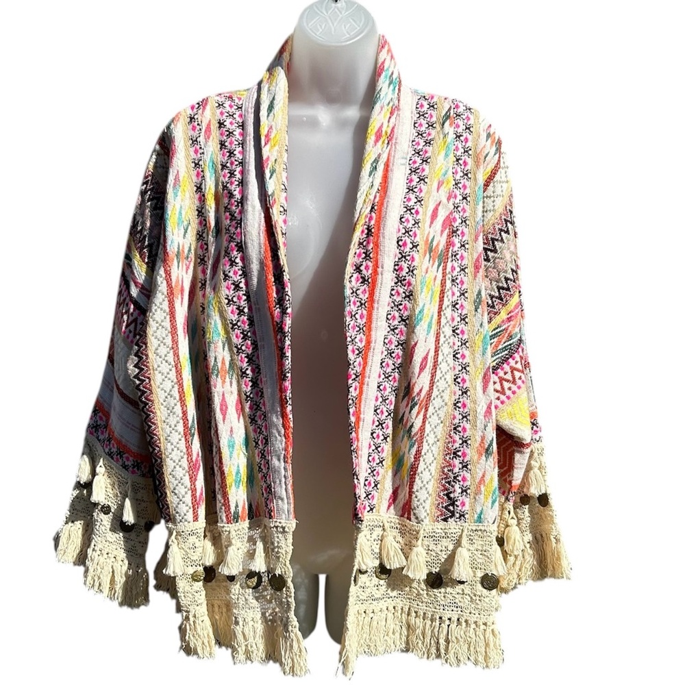 MULAYA Women OS‎ Cream Multicolored Embroidered Boho Hippie Fringe Open Jacket